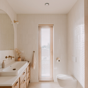 Badkamer renoveren kosten Hengelo – moderne badkamer met houtlook tegels en zwart sanitair