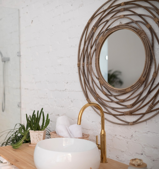 Stijlvolle badkamer met gouden kraan en ronde spiegel – badkamer renovatie en montage in Borne