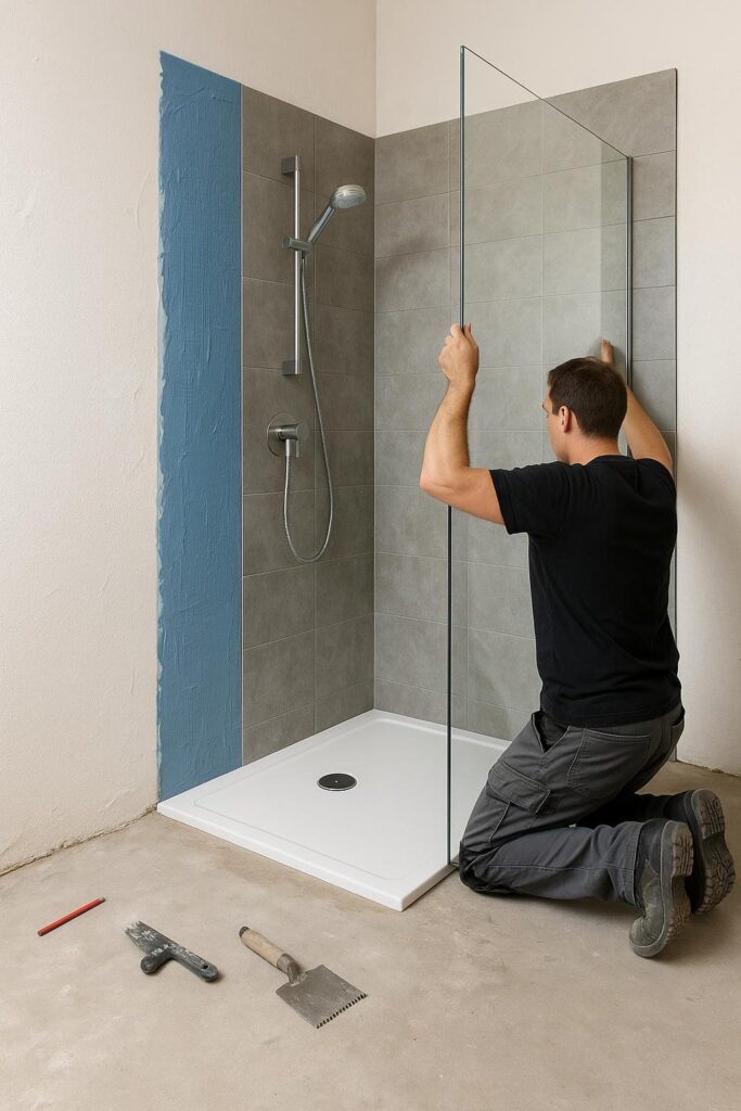 Moderne badkamer met professionele inloopdouche installatie Hengelo, inclusief regendouche en glazen wand.