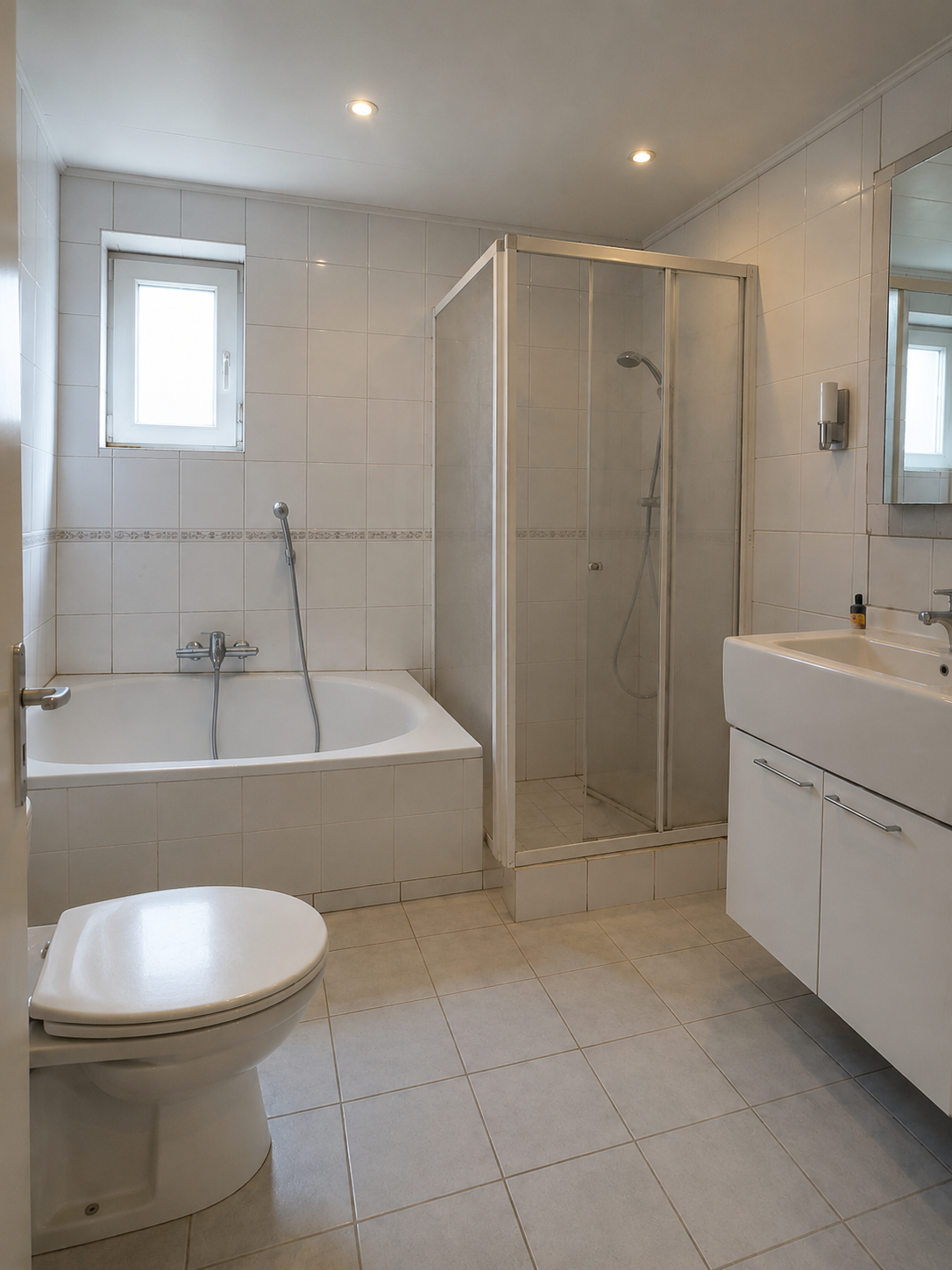 Oude badkamer met witte tegels, ligbad, douchecabine en wastafel vóór renovatie door BadkamerInstalleren.nl