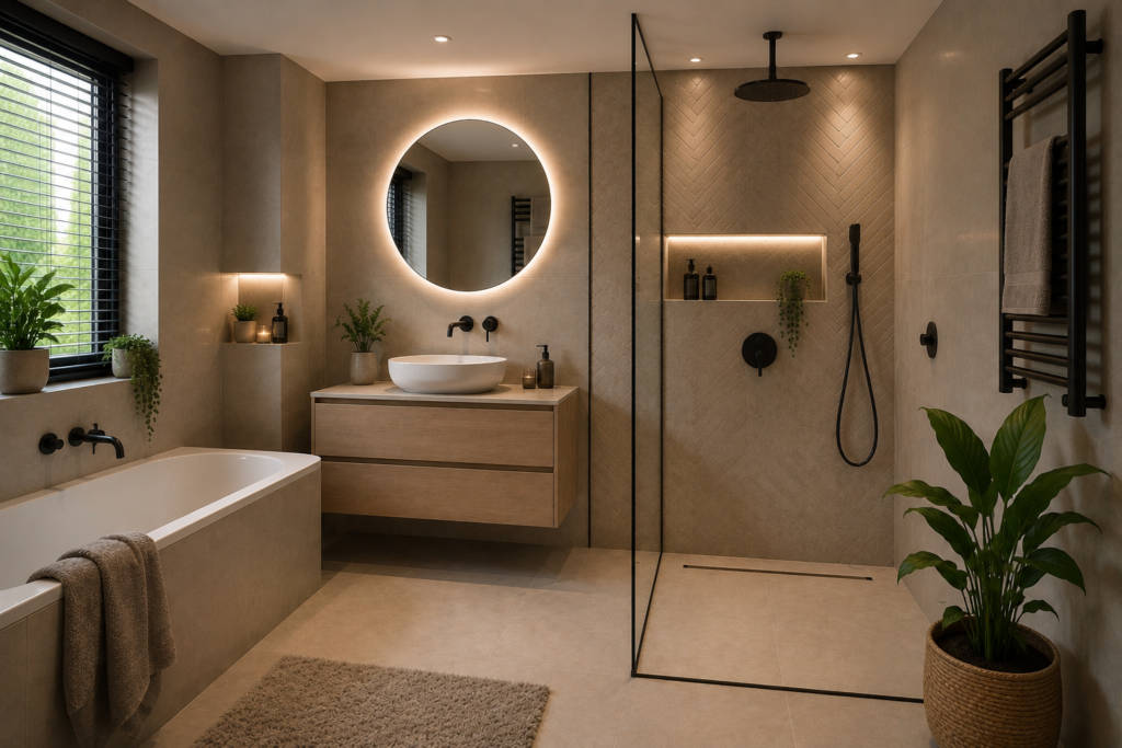 moderne inloopdouche renovatie in Haaksbergen houtlook badkamermeubel